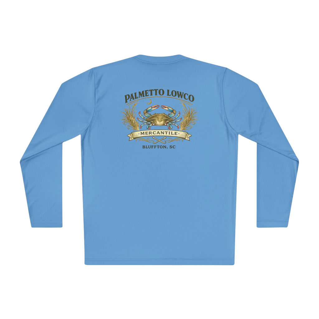 Palmetto Lowco Mercantile | Blue Crab Shirt | Bluffton SC Lowcountry | Graphic Long Sleeve Performance Tee
