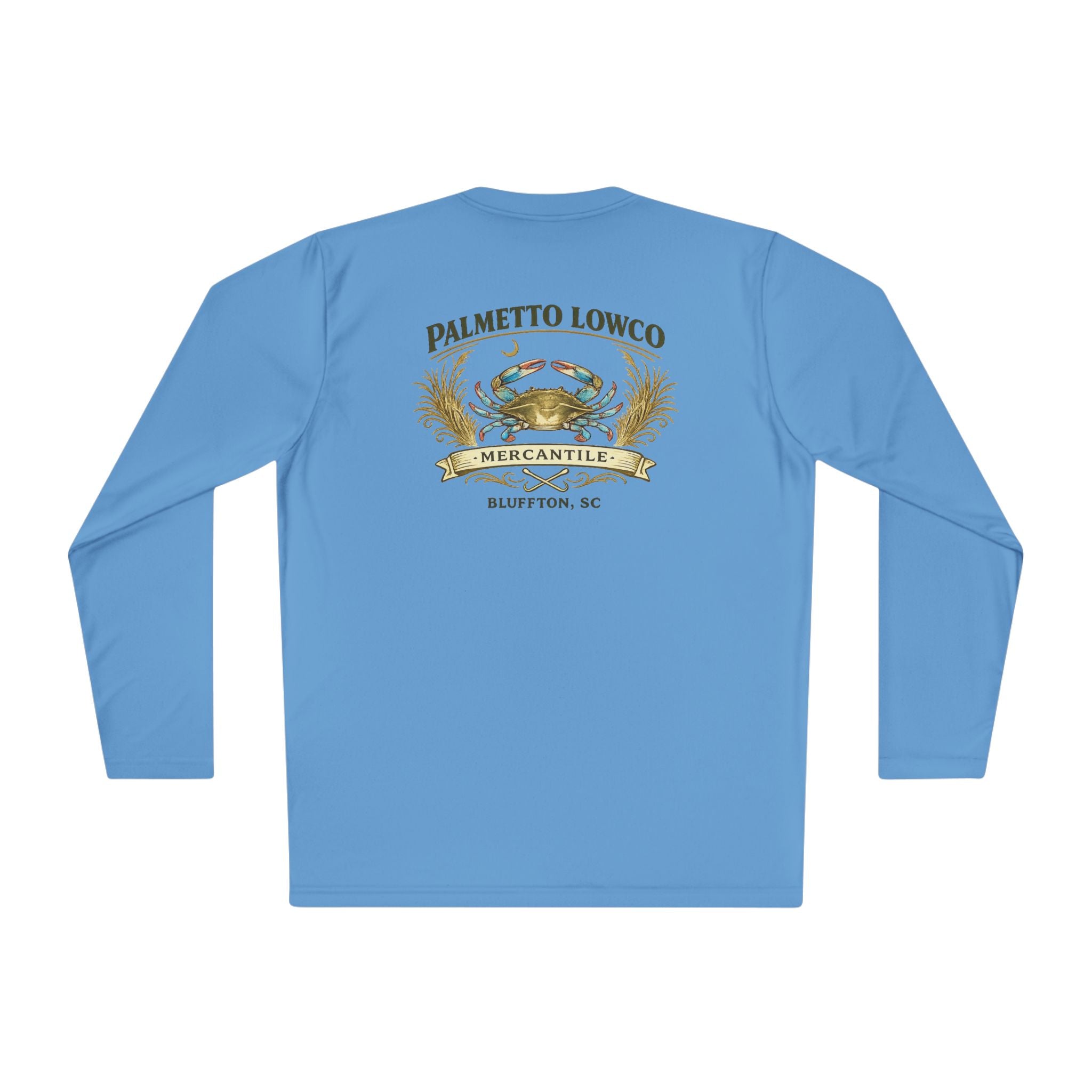 Palmetto Lowco Mercantile | Blue Crab Shirt | Bluffton SC Lowcountry | Graphic Long Sleeve Performance Tee
