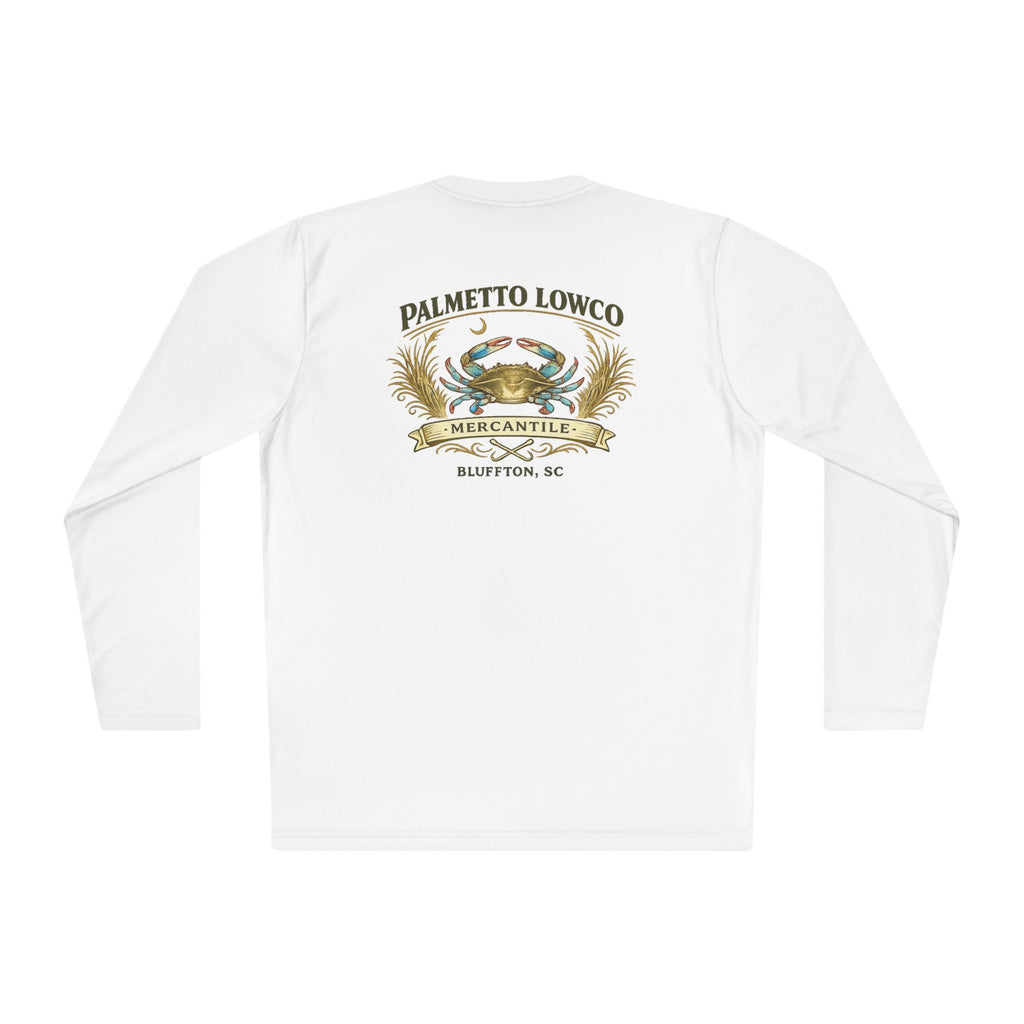 Palmetto Lowco Mercantile | Blue Crab Shirt | Bluffton SC Lowcountry | Graphic Long Sleeve Performance Tee