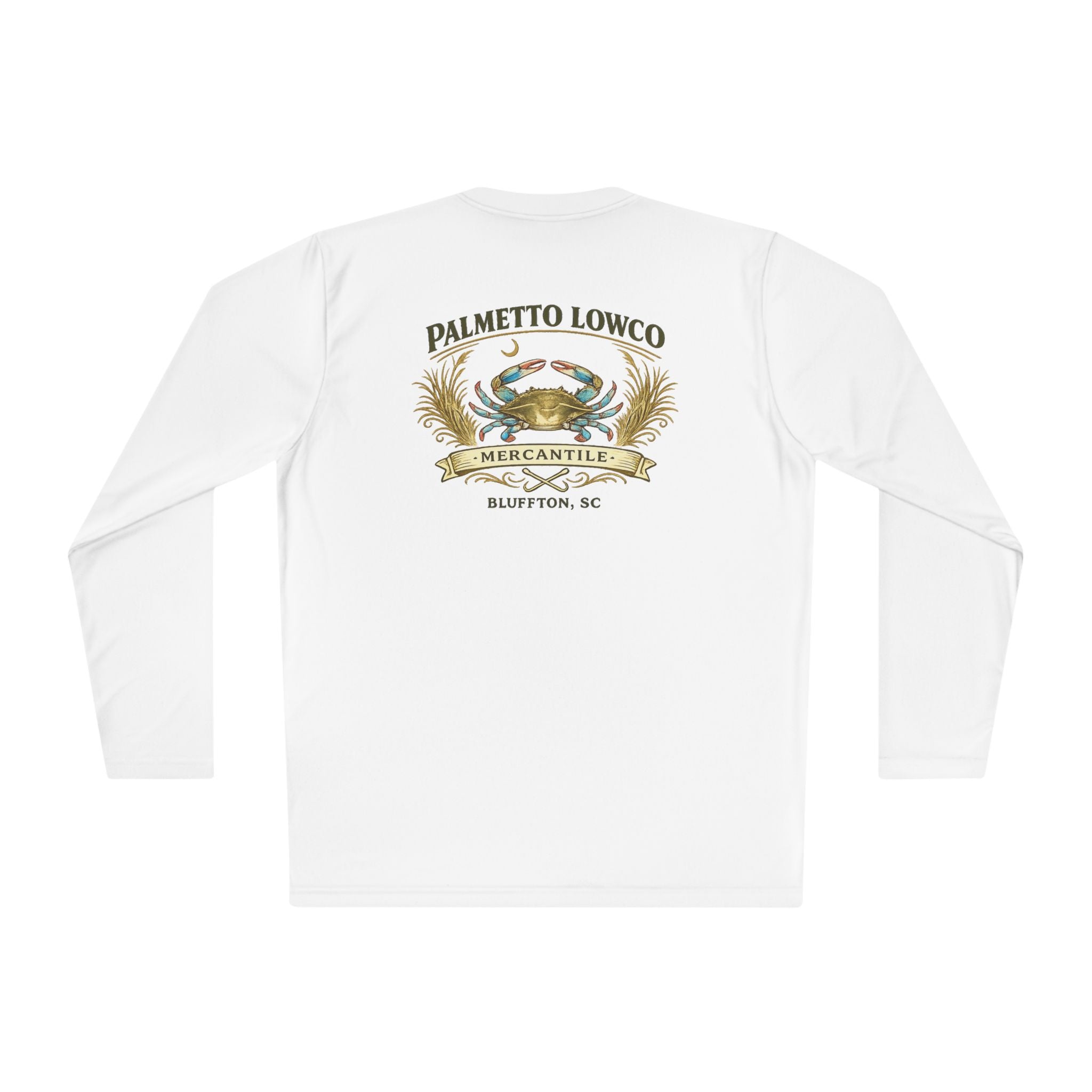 Palmetto Lowco Mercantile | Blue Crab Shirt | Bluffton SC Lowcountry | Graphic Long Sleeve Performance Tee