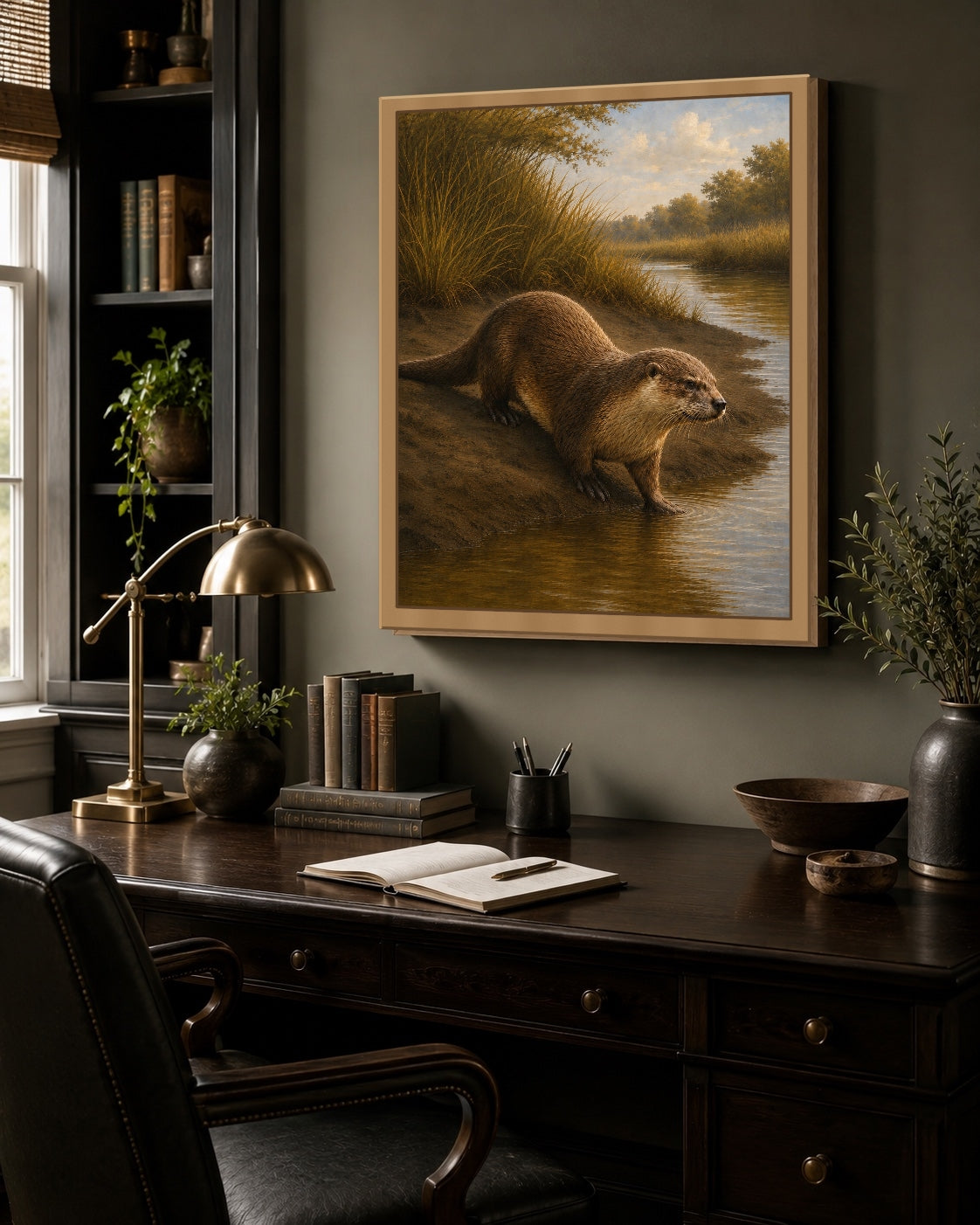 A framed wildlife painting of an otter by a river, displayed on a dark gray wall above a dark wood desk in a styled home office setting.