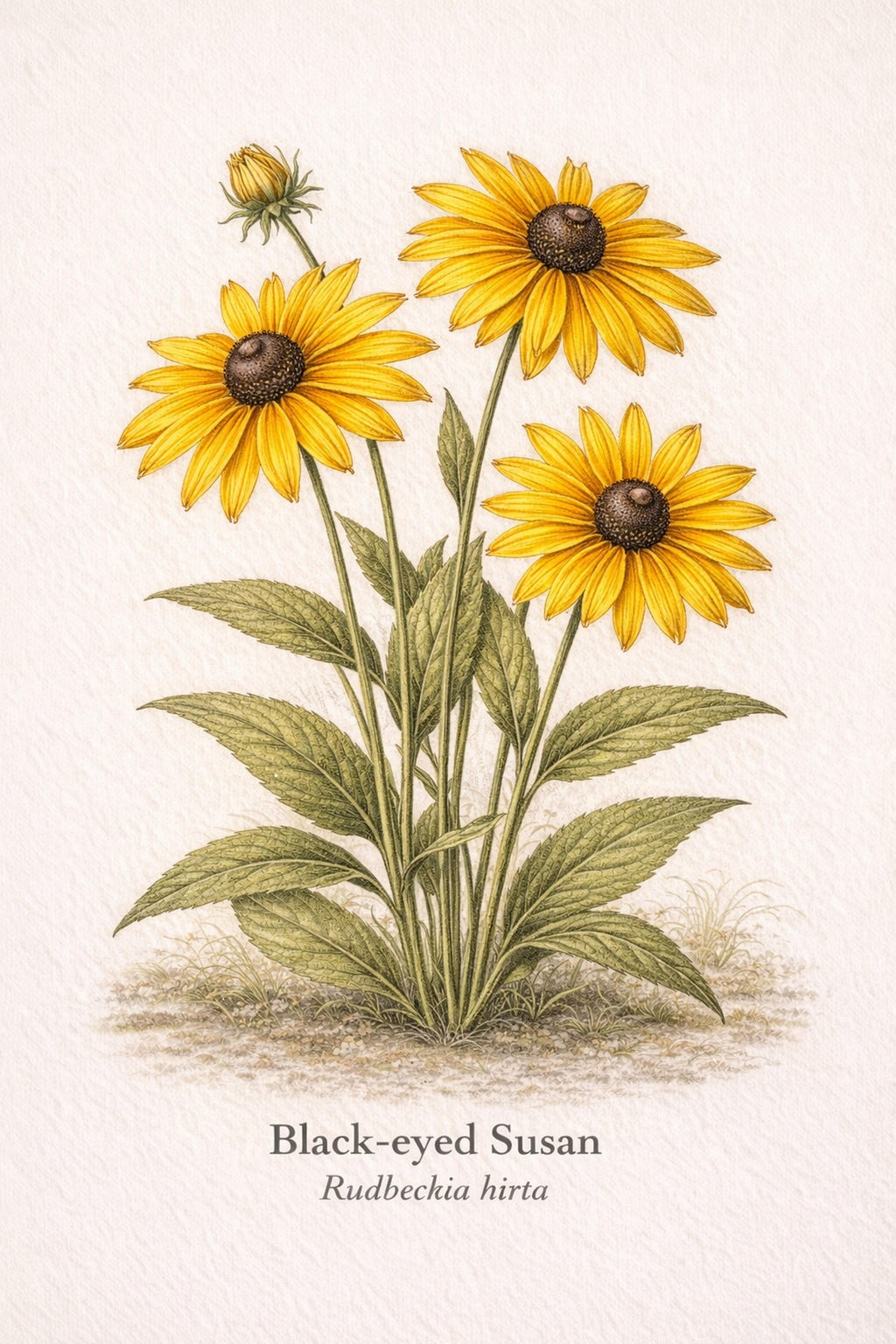 Illustration of a Black-eyed Susan plant with yellow flowers and green leaves on a beige background.