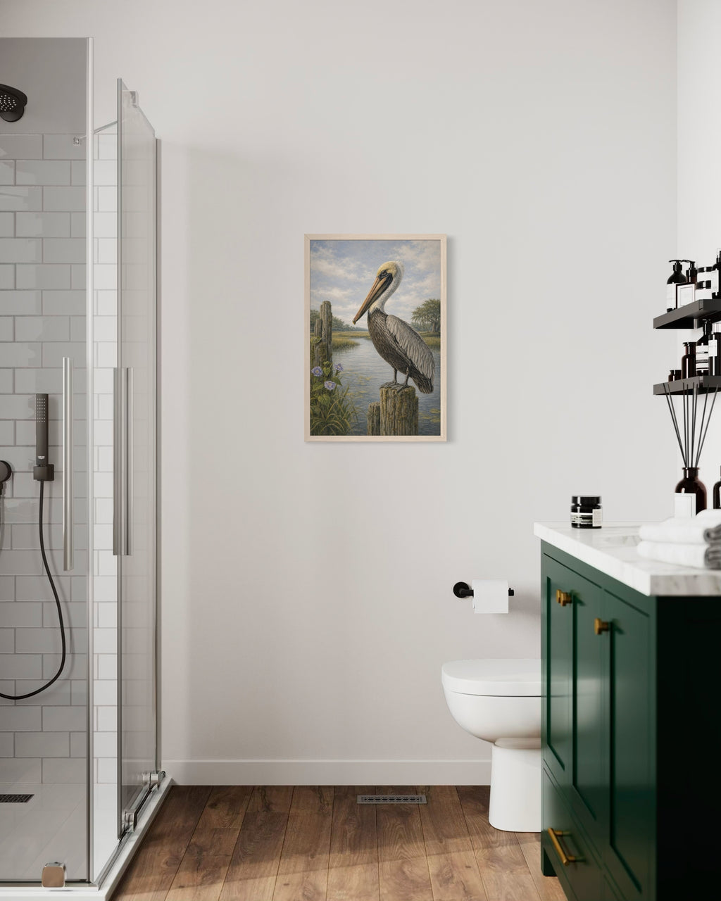 Bathroom interior with a shower, toilet, and green cabinet.
