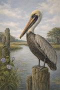 Pelican perched on a wooden post with a natural landscape in the background