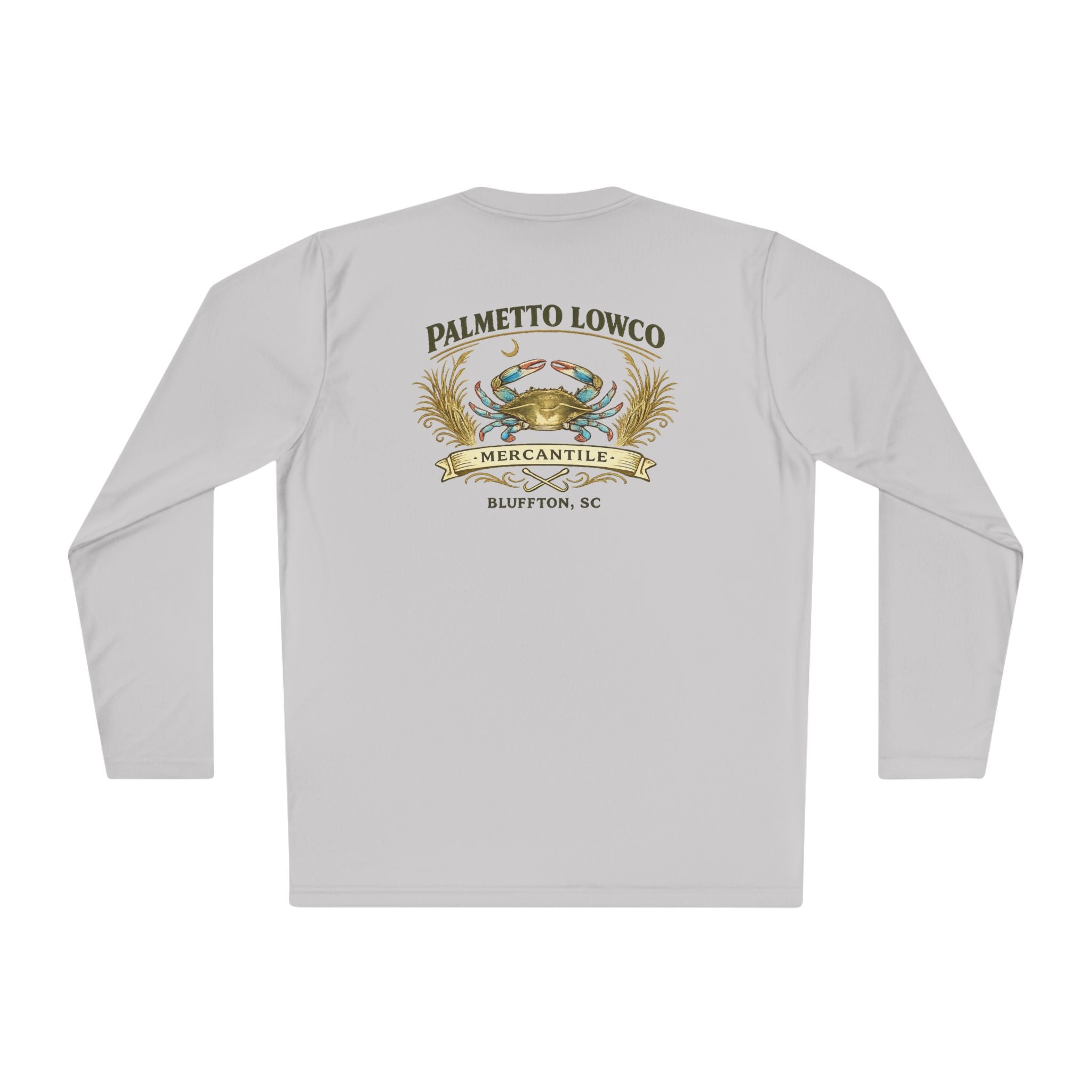 Palmetto Lowco Mercantile | Blue Crab Shirt | Bluffton SC Lowcountry | Graphic Long Sleeve Performance Tee
