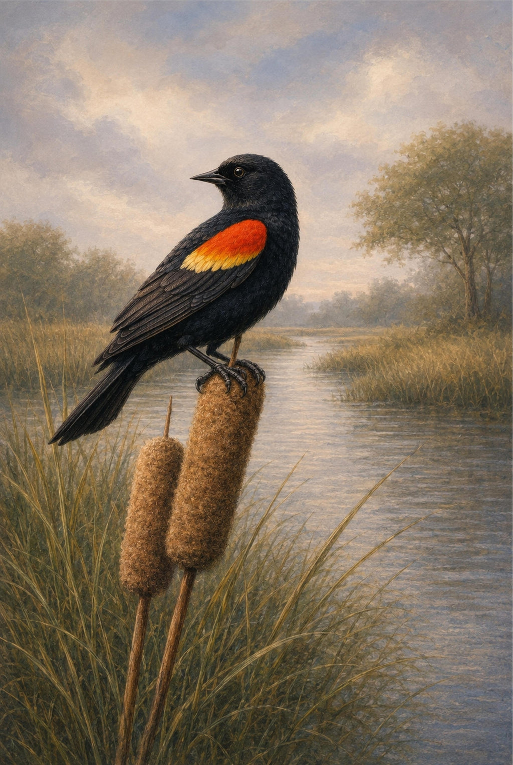 Black bird with a red patch perched on a cattail in a marshy landscape.