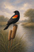 Black bird with a red patch perched on a cattail in a marshy landscape.