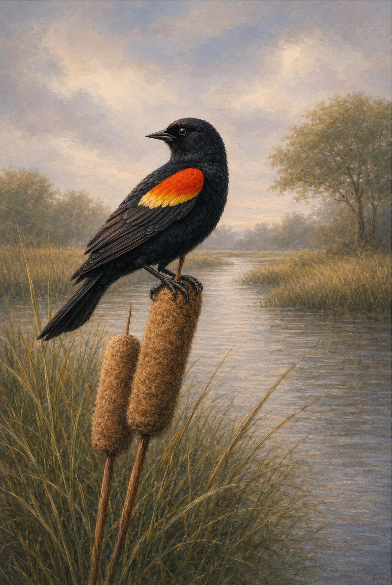 Black bird with a red patch perched on a cattail in a marshy landscape.