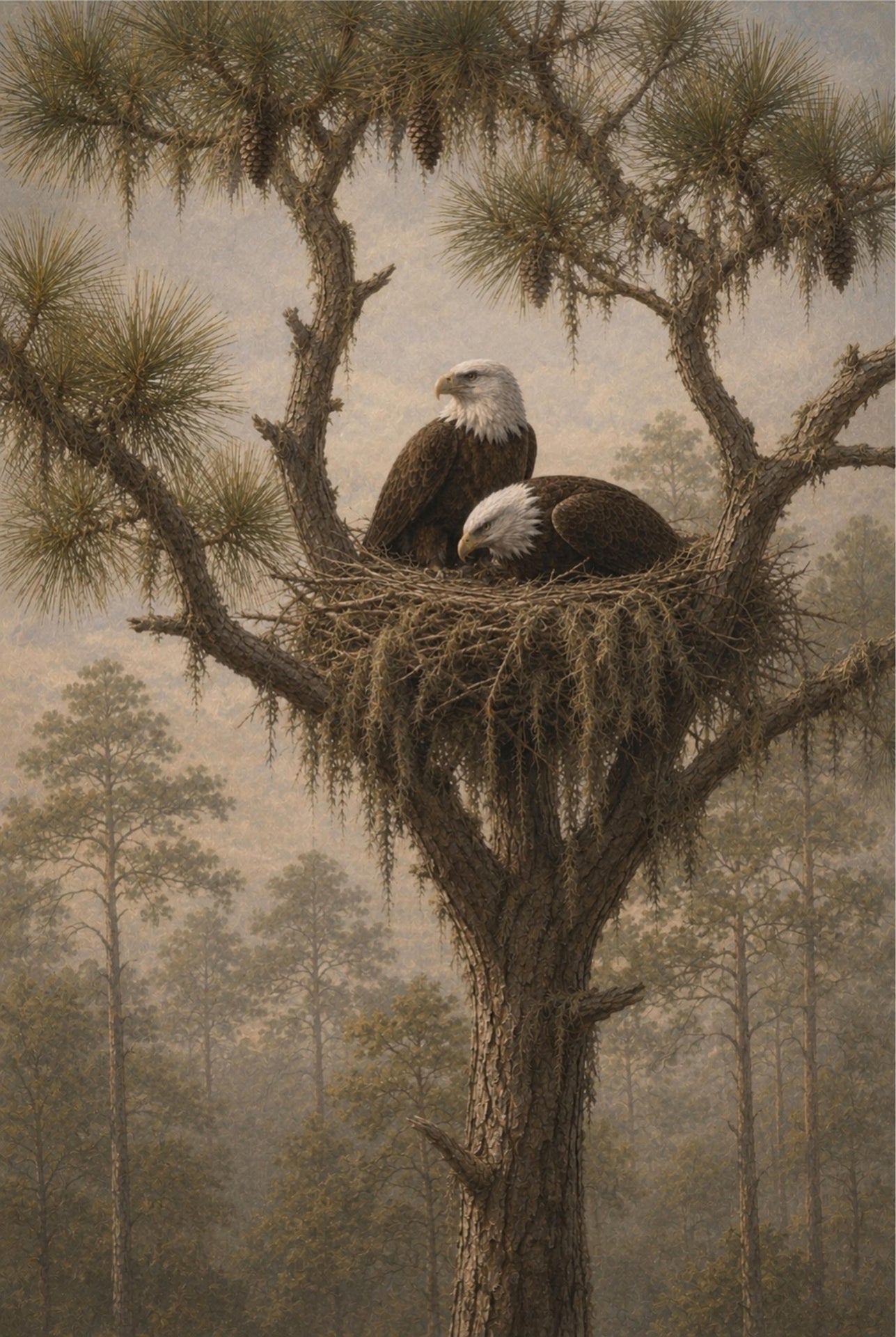 Two bald eagles in a nest high up in a tree with a forest background