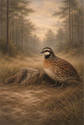 Bird standing on a path in a forest with trees and grass in the background
