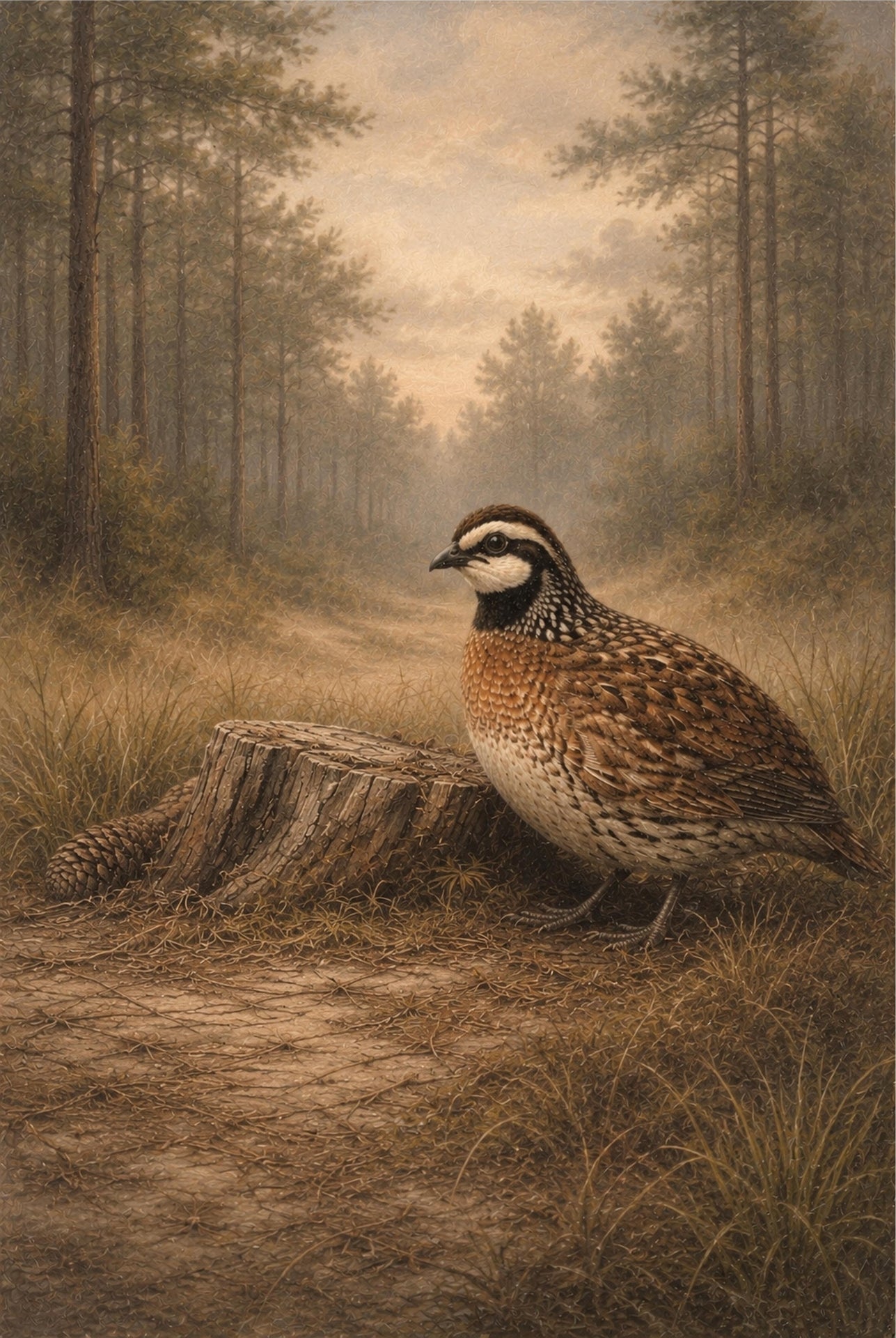 Bird standing on a path in a forest with trees and grass in the background