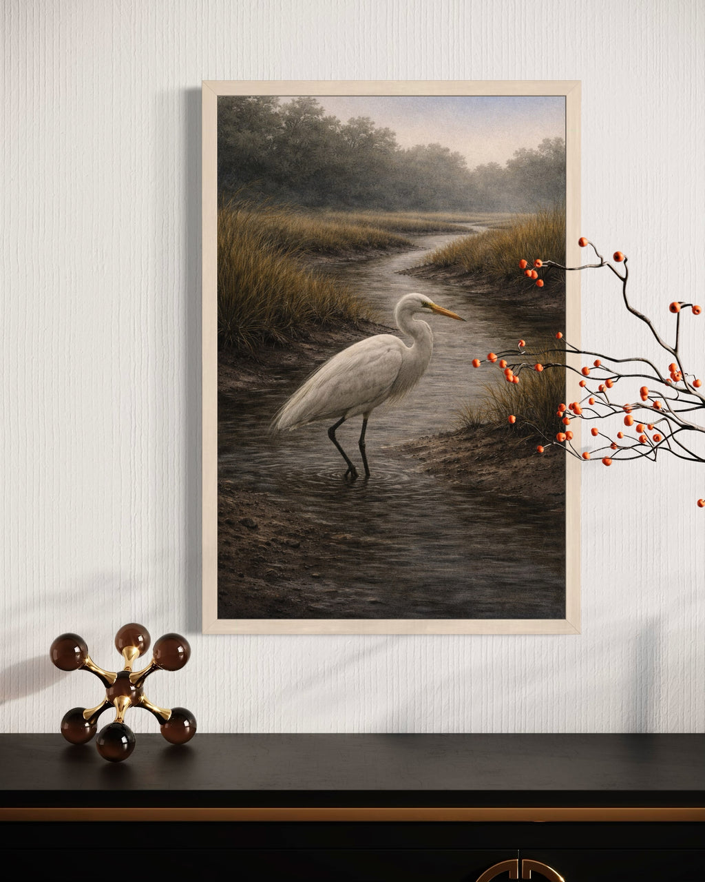Great Egret Lowcountry Wall Art Print | Coastal Marsh Bird Artwork