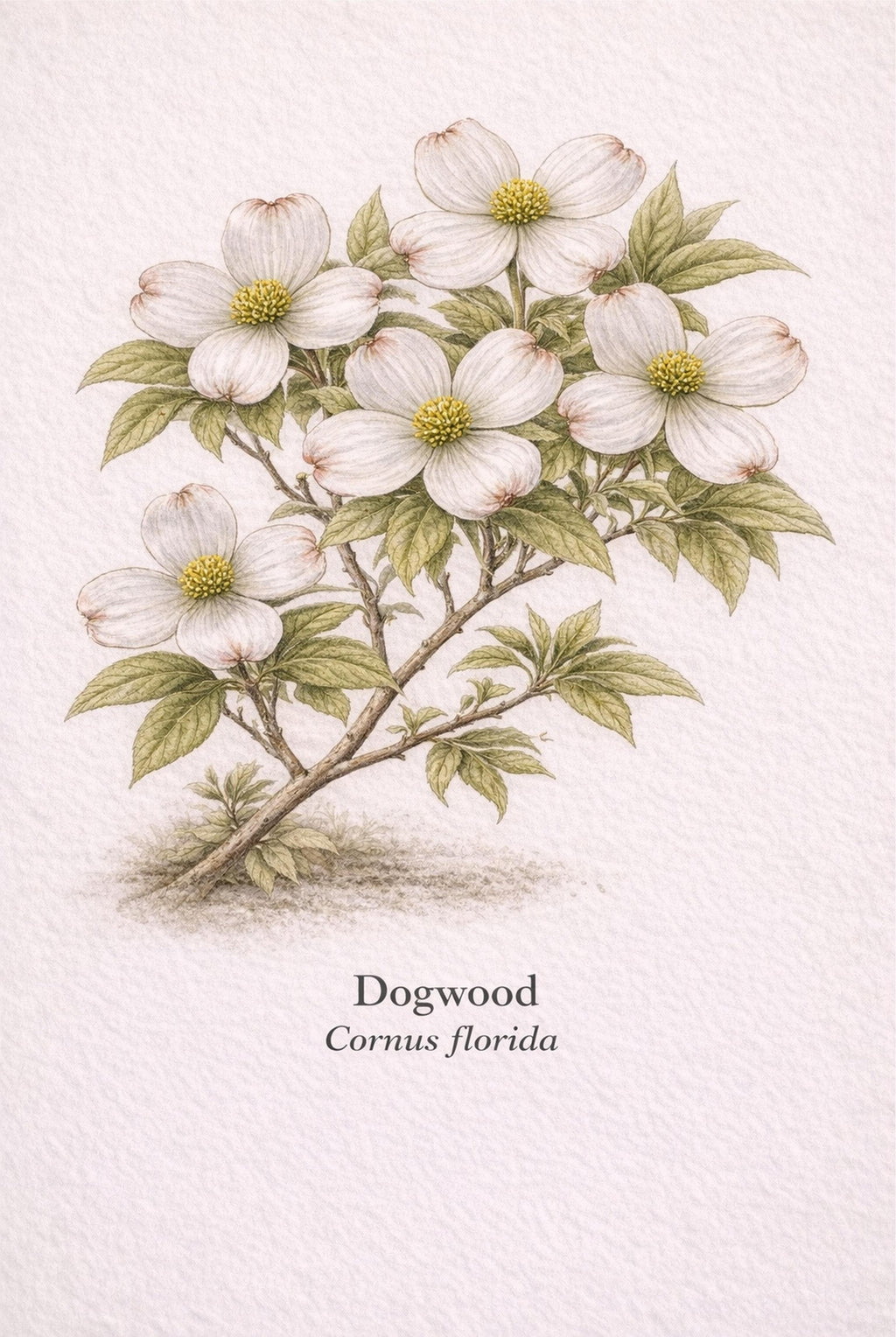 Illustration of a dogwood flower branch with white flowers and green leaves on a light background.