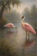 Two pink birds in a natural setting with trees and water.
