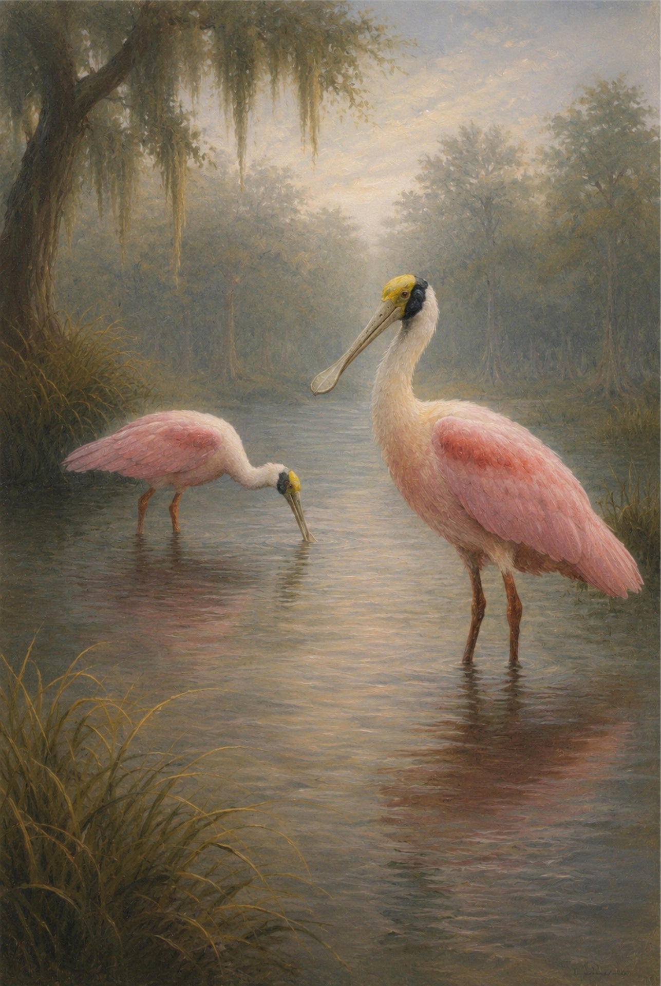 Two pink birds in a natural setting with trees and water.