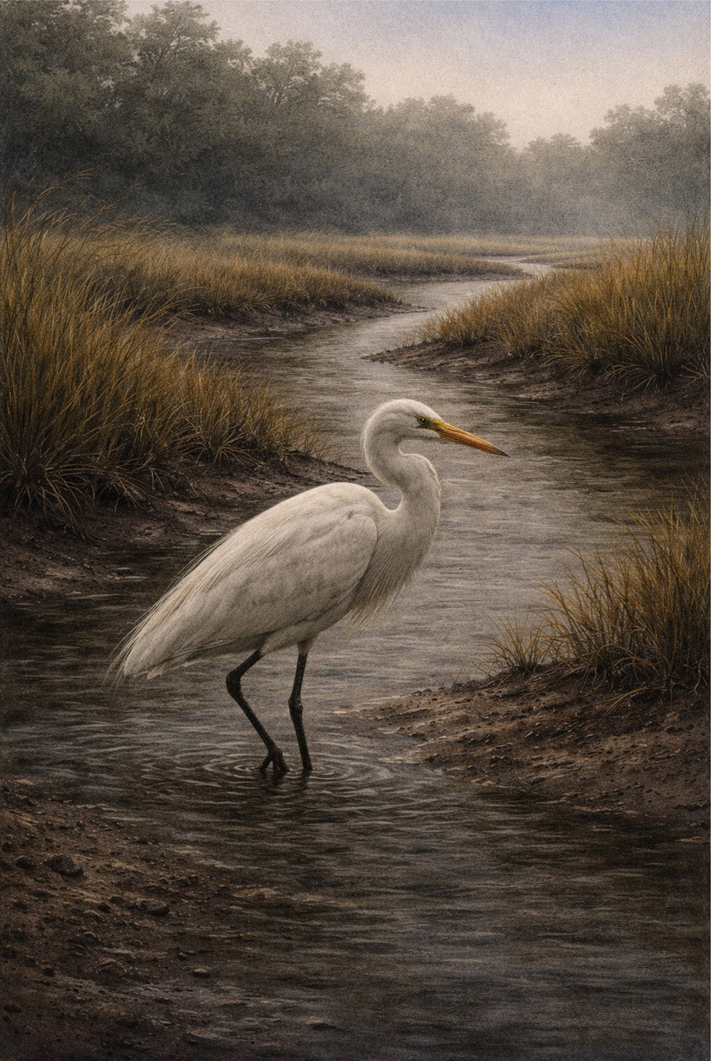 Great Egret Lowcountry Wall Art Print | Coastal Marsh Bird Artwork