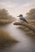 Kingfisher perched on a log over a calm stream with trees in the background