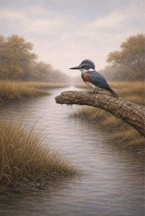 Kingfisher perched on a log over a calm stream with trees in the background