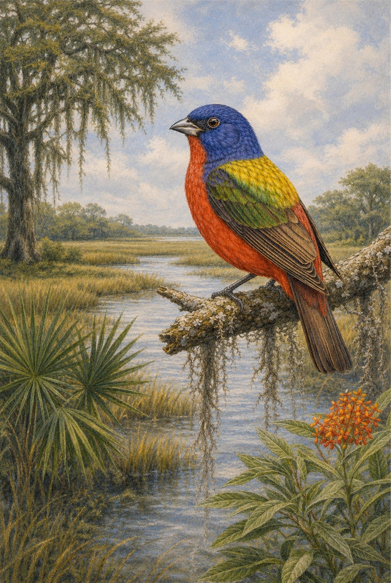Colorful bird perched on a branch with a natural landscape in the background