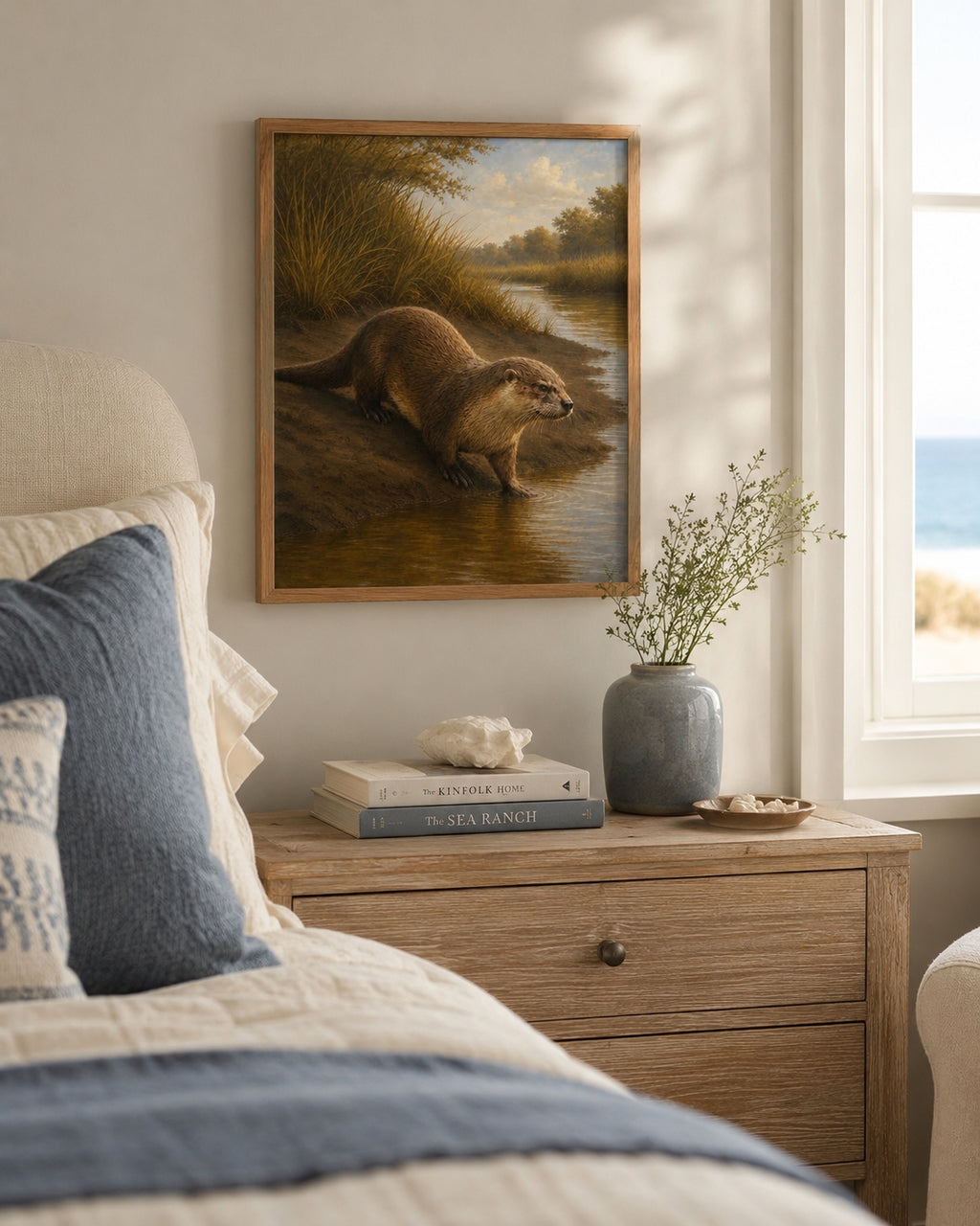 A framed landscape painting of an otter by the water, displayed on a bedroom wall above a wooden nightstand with a vase, books, and a bed in the foreground.