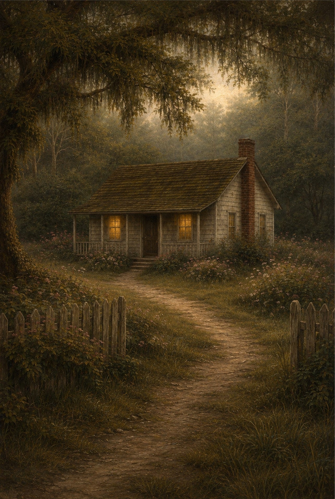 Painting of a rustic cabin at night with a path leading up to it, surrounded by trees and foliage.