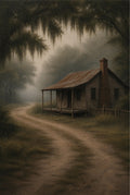Wooden cabin on a foggy, rural road with trees and overhanging branches.