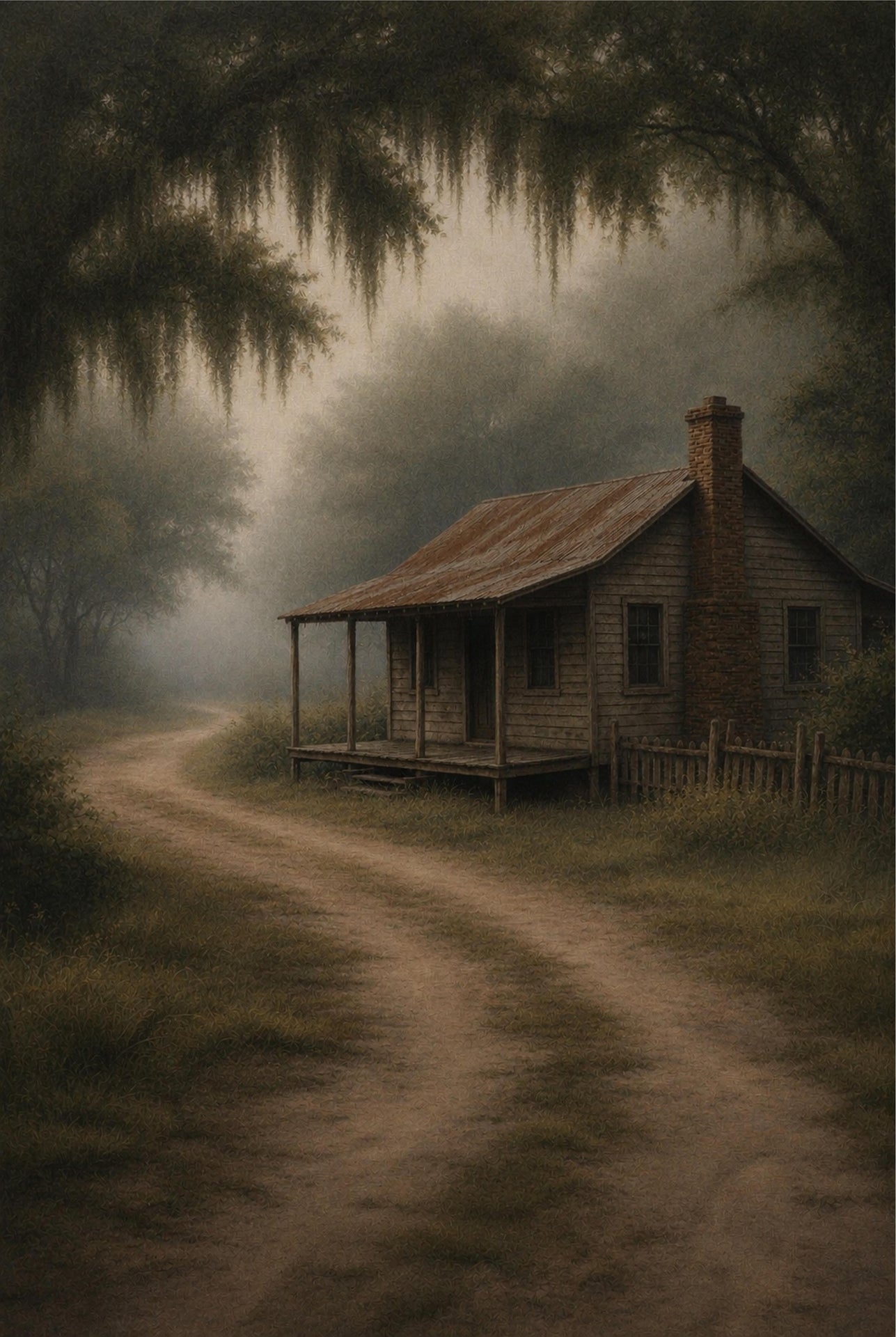 Wooden cabin on a foggy, rural road with trees and overhanging branches.