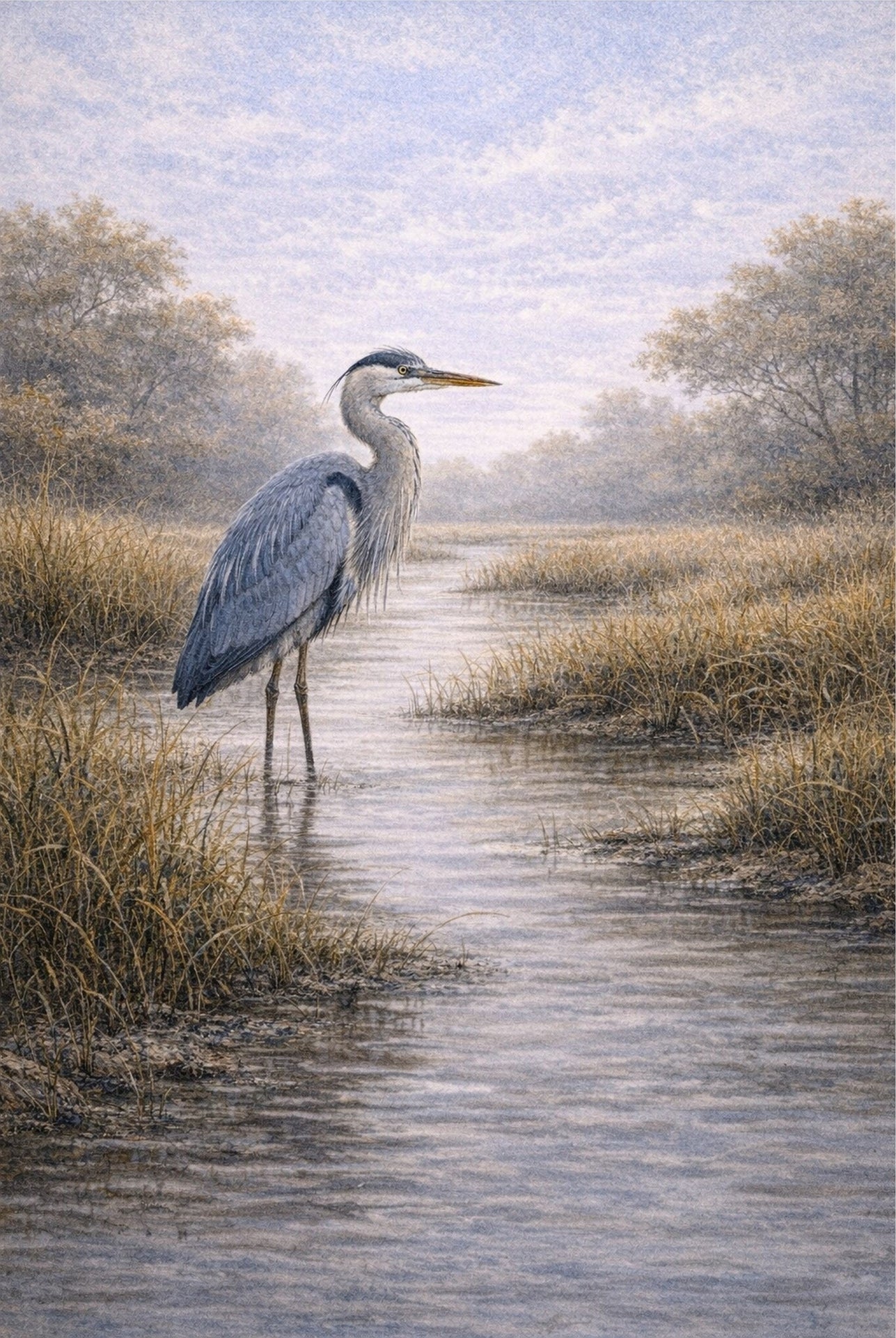 Great Blue Heron Marsh Channel Print | Lowcountry Bird Wall Art