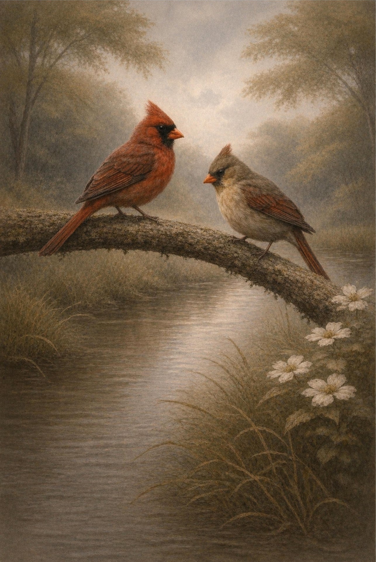 Two cardinals on a branch over a stream with flowers and trees in the background