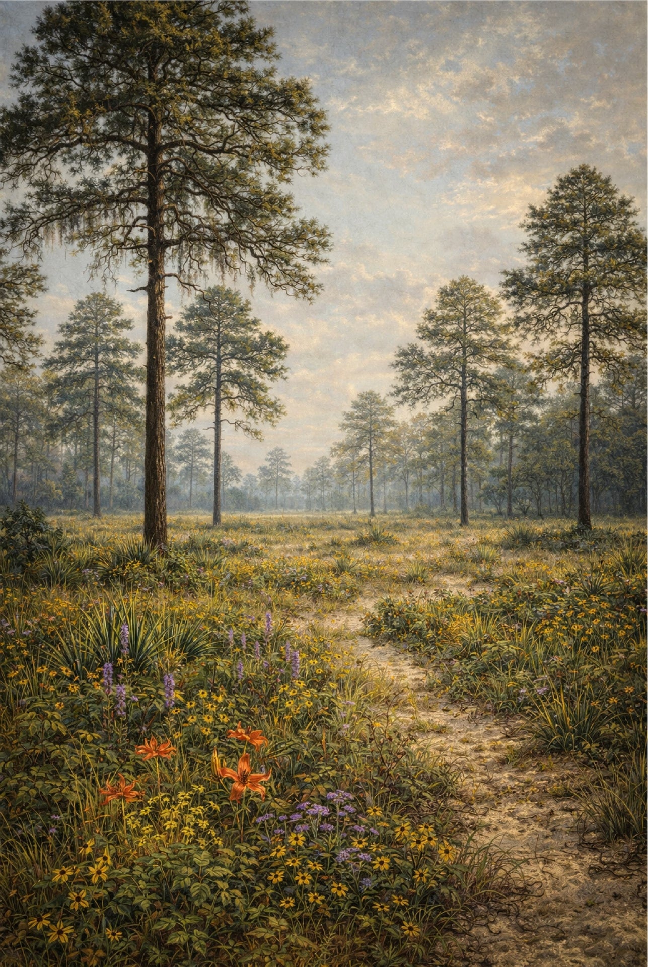 Painting of a forest clearing with a path and flowers