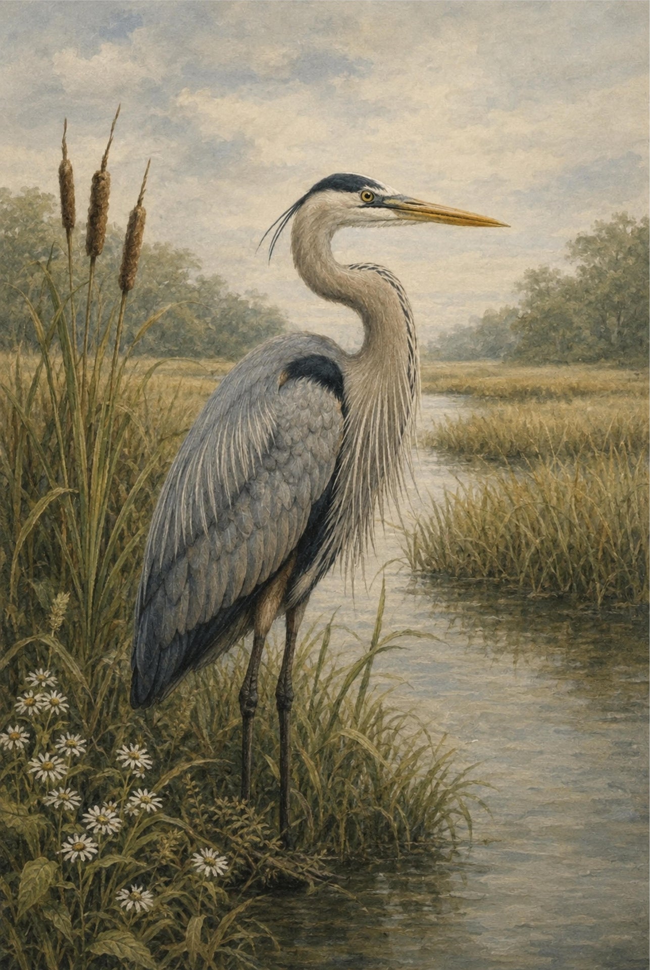 Painting of a heron standing in a marshy area with reeds and water.