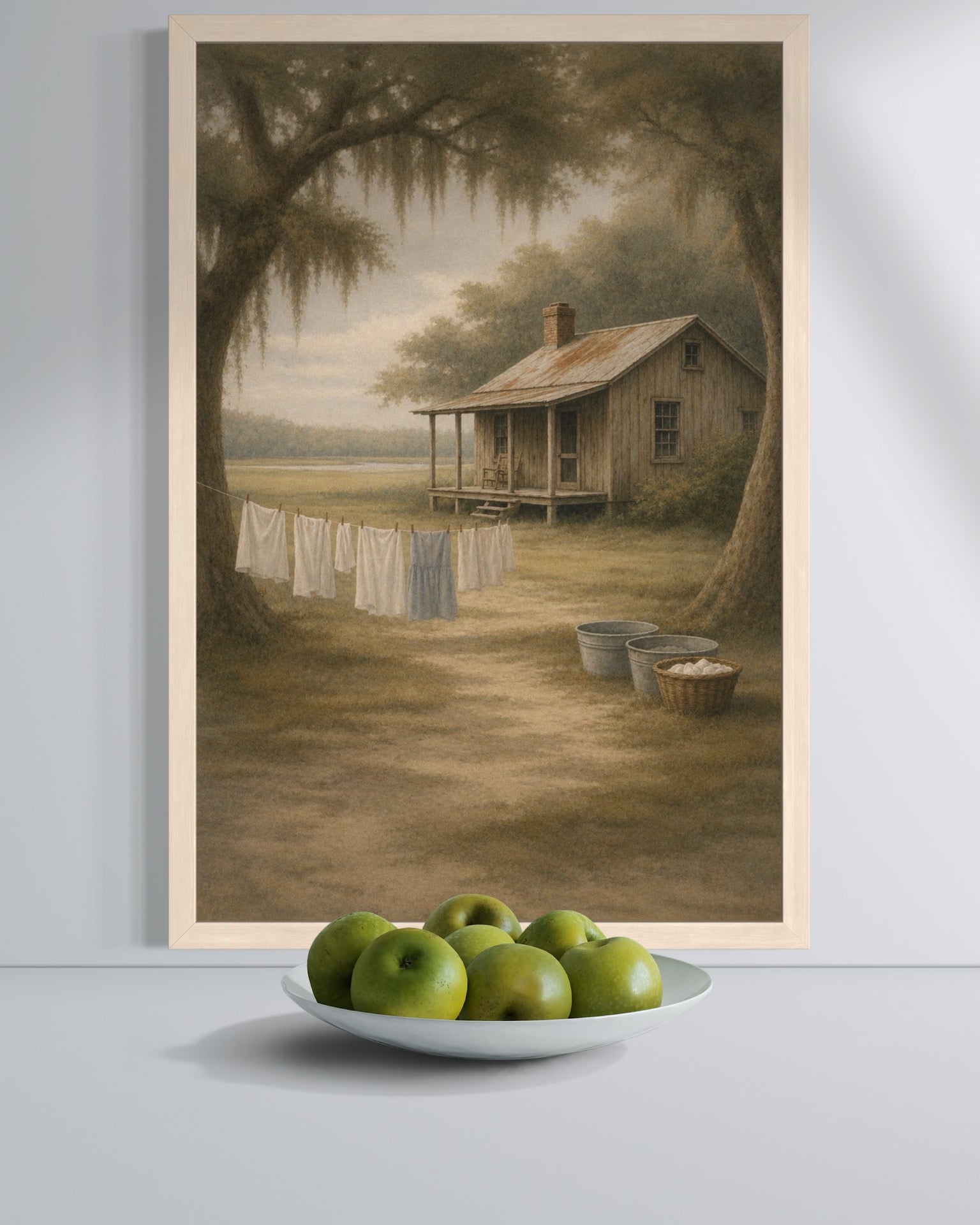 Framed painting of a rustic cabin with clothesline and apples on a plate below.