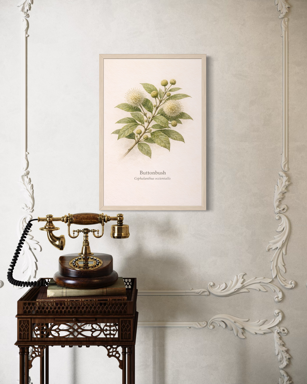 Vintage telephone on a side table with a framed botanical print on the wall.