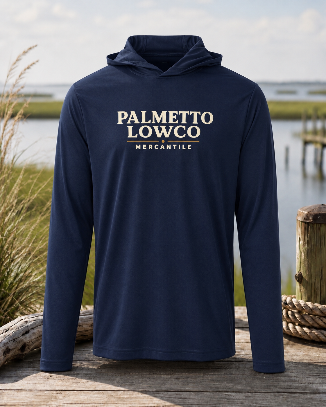 Navy hoodie with 'Palmetto Lowco Mercantile' logo on a dock with water and grass in the background