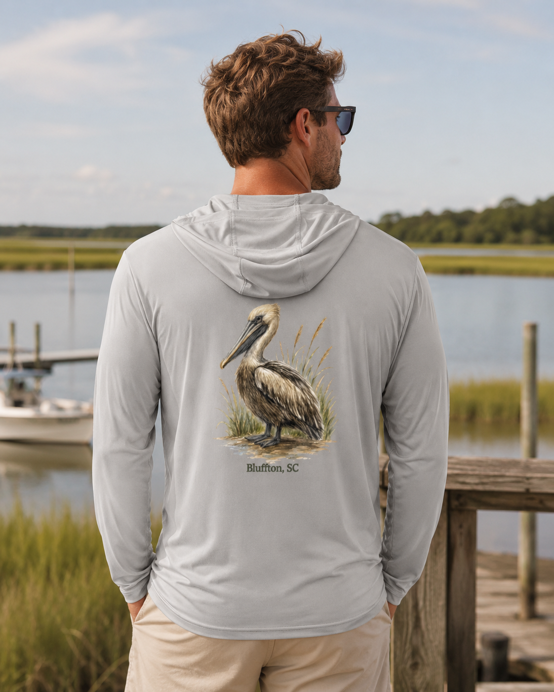 Man wearing a gray hoodie with a pelican design, standing by a waterfront.