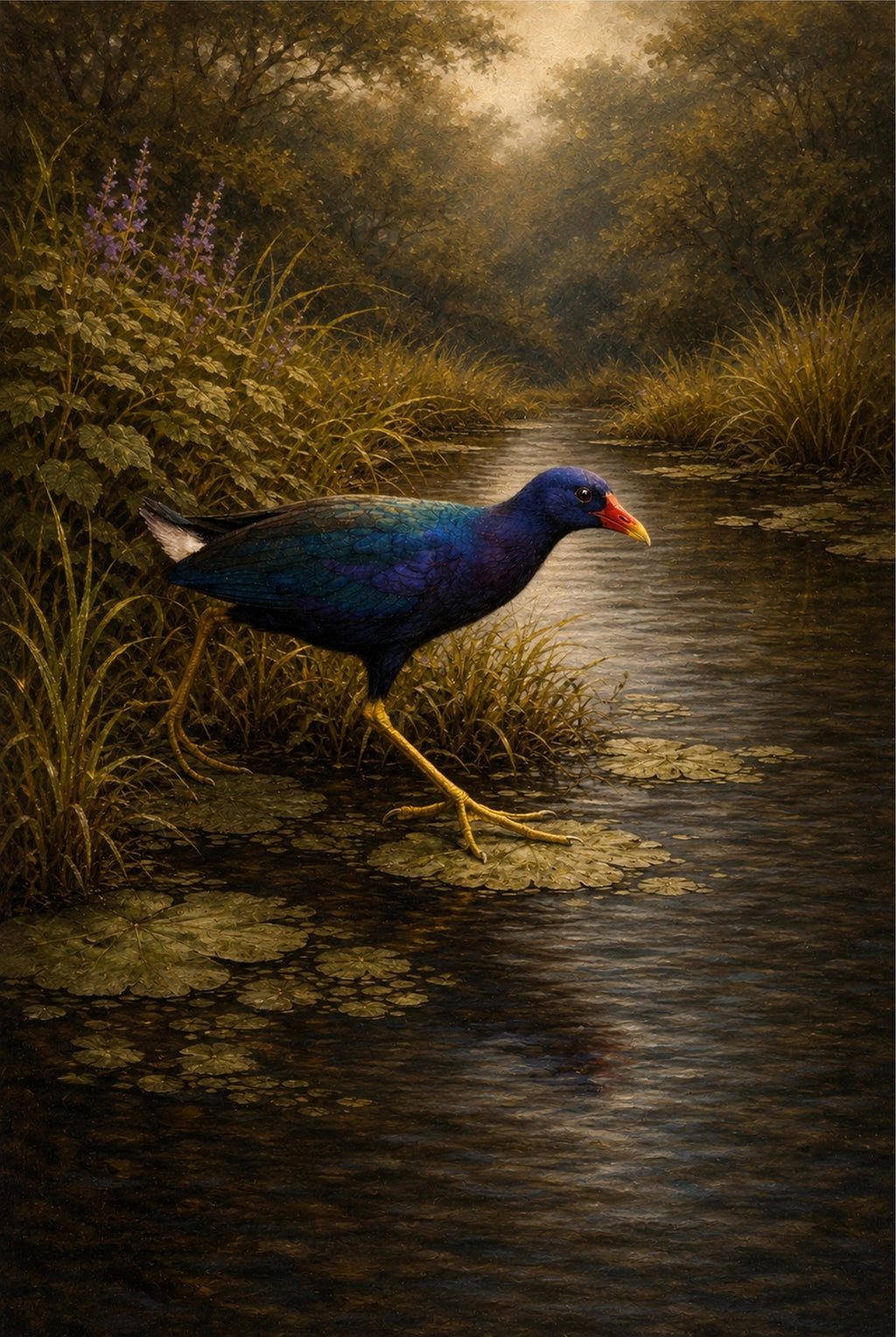 Purple gallinule bird walking along a water's edge with a natural background