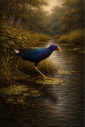 Purple gallinule bird walking along a water's edge with a natural background