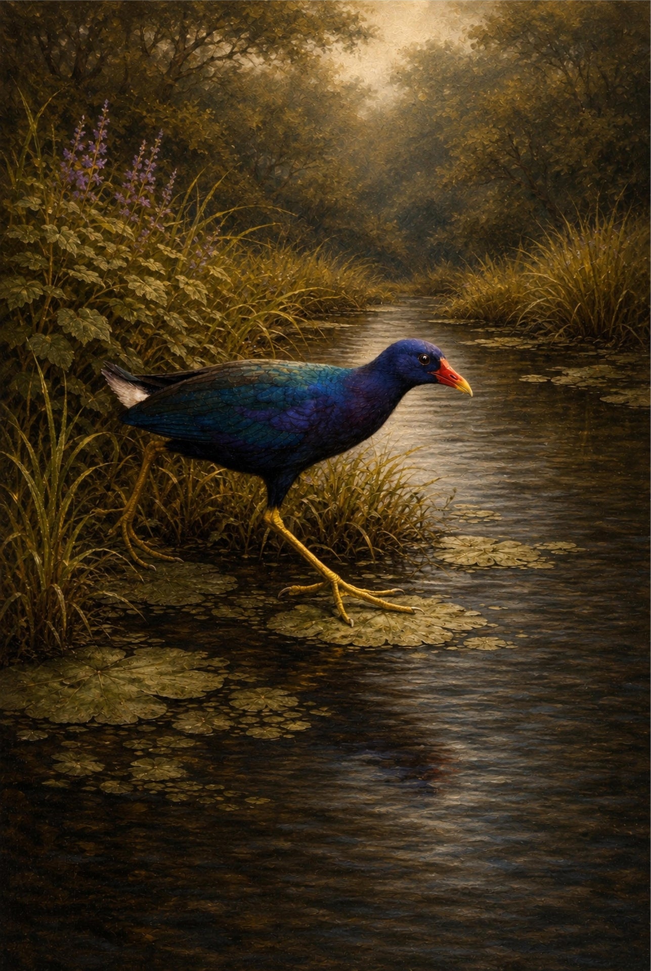 Purple gallinule bird walking along a water's edge with a natural background