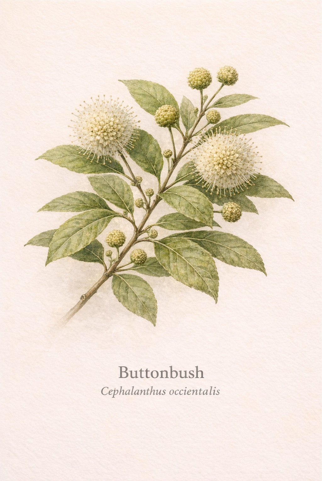 Botanical illustration of a buttonbush plant on a beige background