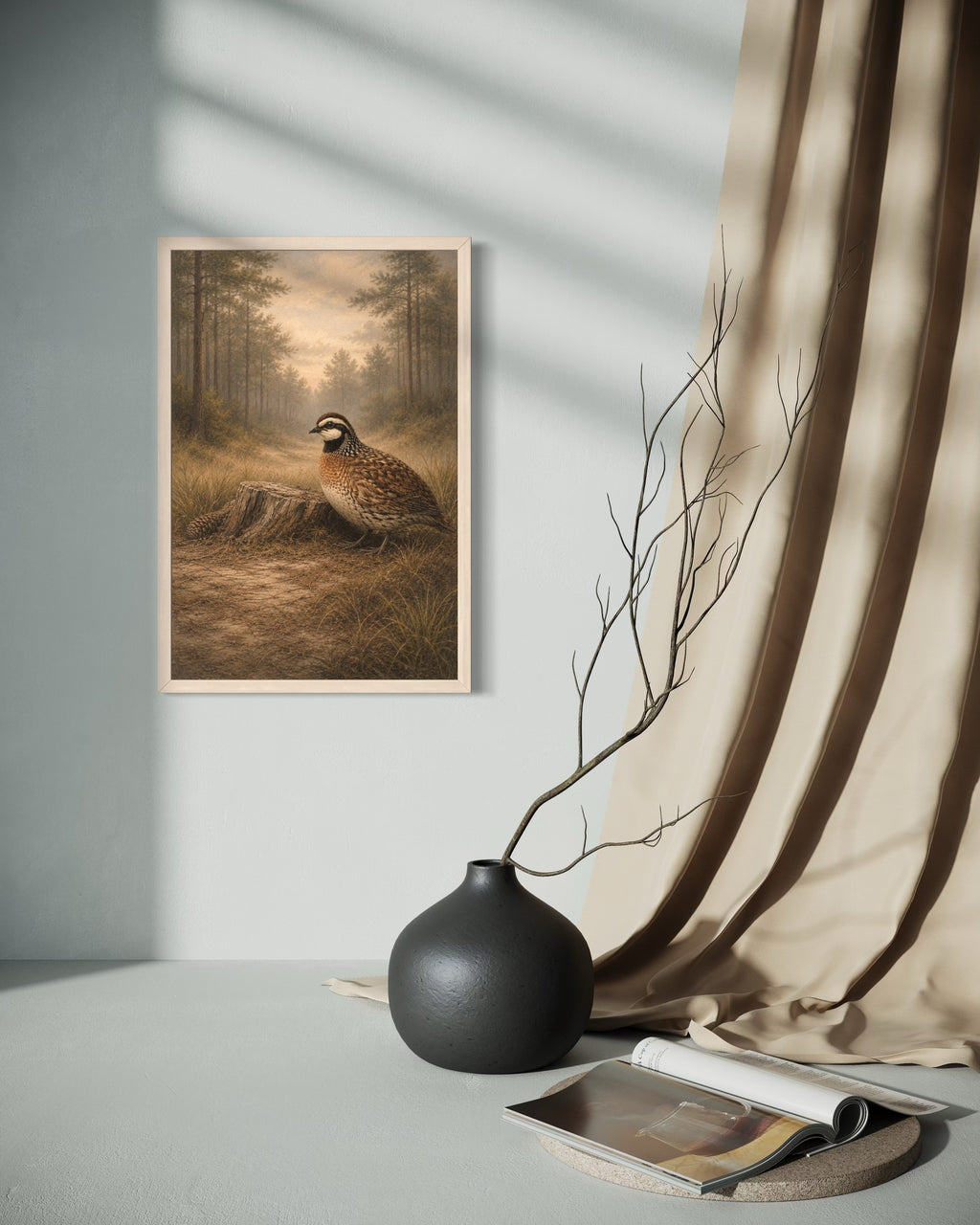 Framed artwork of a bird in a forest on a wall next to a vase and book.