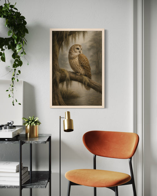 Framed owl artwork on a wall above a modern chair and side table.