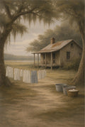 Painting of a rustic cabin with laundry hanging outside and a basket of clothes nearby.
