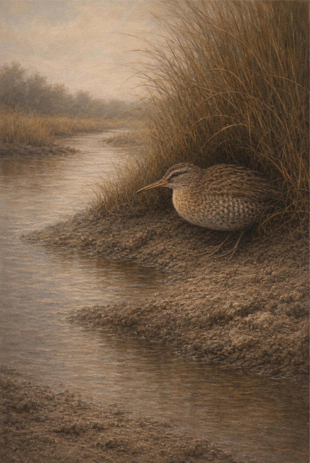 Painting of a bird near water and grass