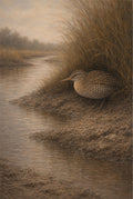 Painting of a bird near water and grass