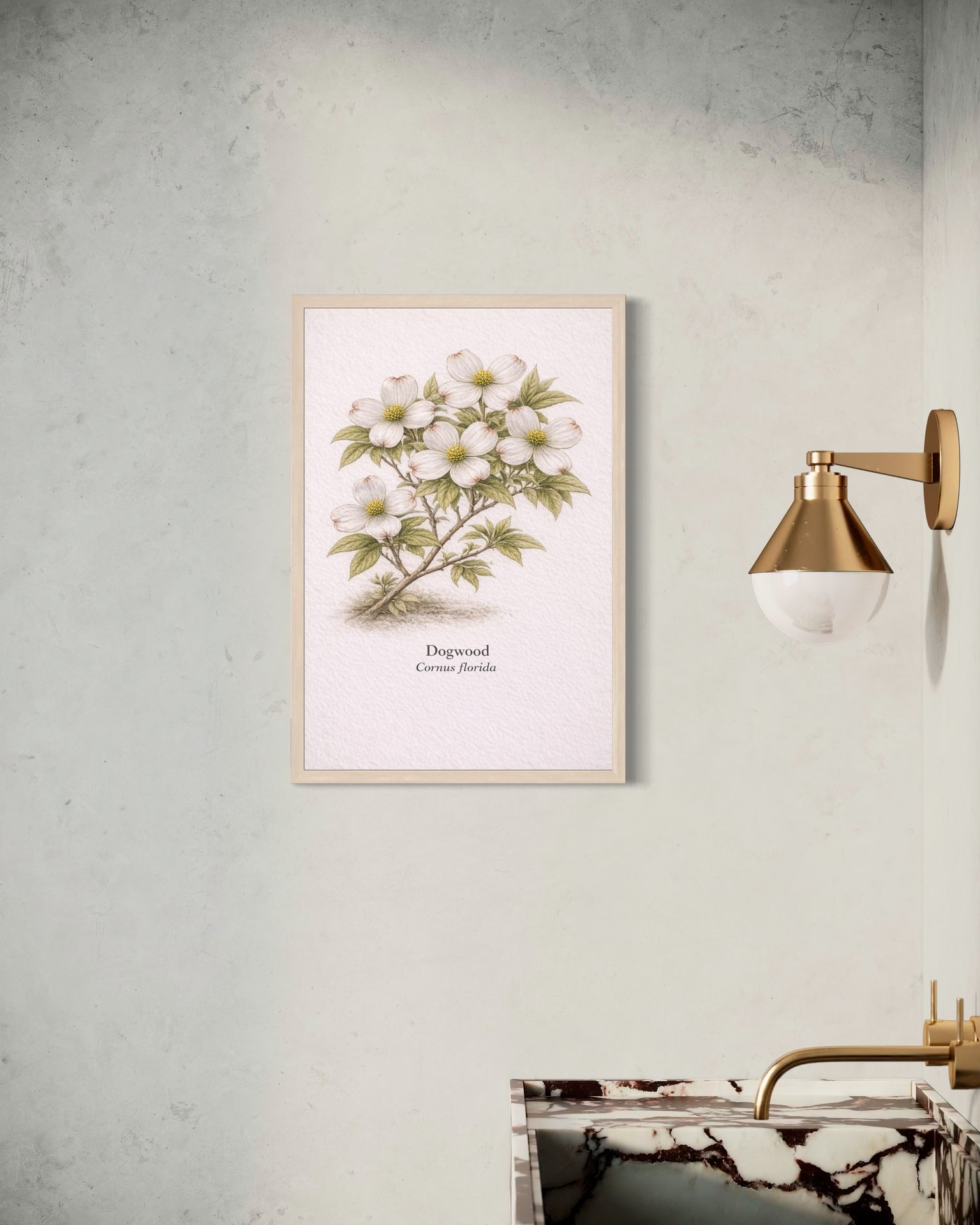 Botanical print of dogwood flowers on a wall with a lamp and marble countertop.