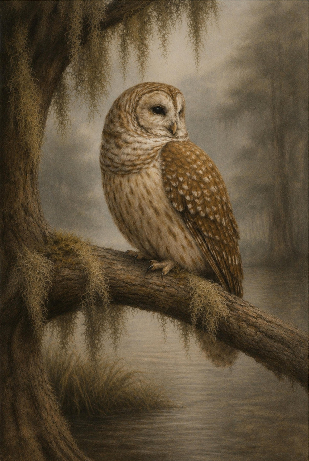 Owl perched on a branch in a forest setting