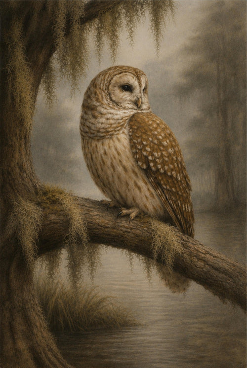 Owl perched on a branch in a forest setting