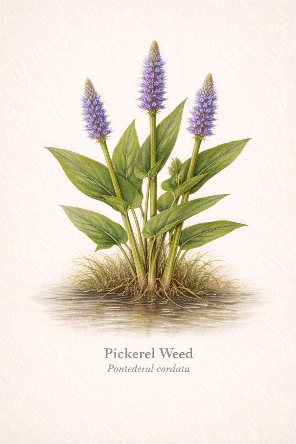 Illustration of Pickerel Weed with green leaves and purple flowers on a beige background.