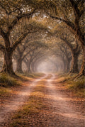 Winding dirt path through a tunnel of trees with hanging Spanish moss in a misty forest.