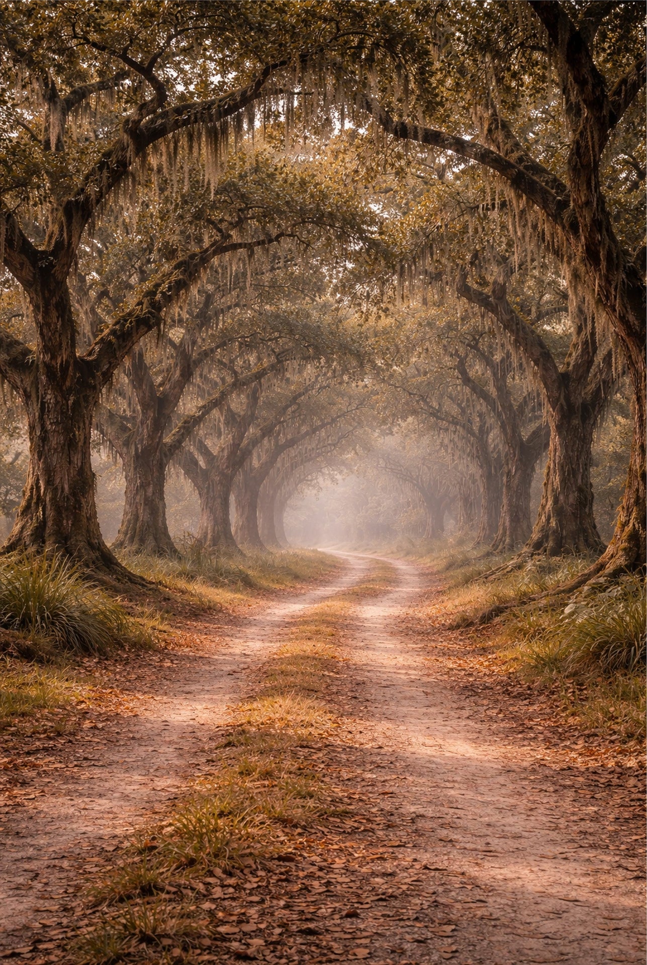 Winding dirt path through a tunnel of trees with hanging Spanish moss in a misty forest.